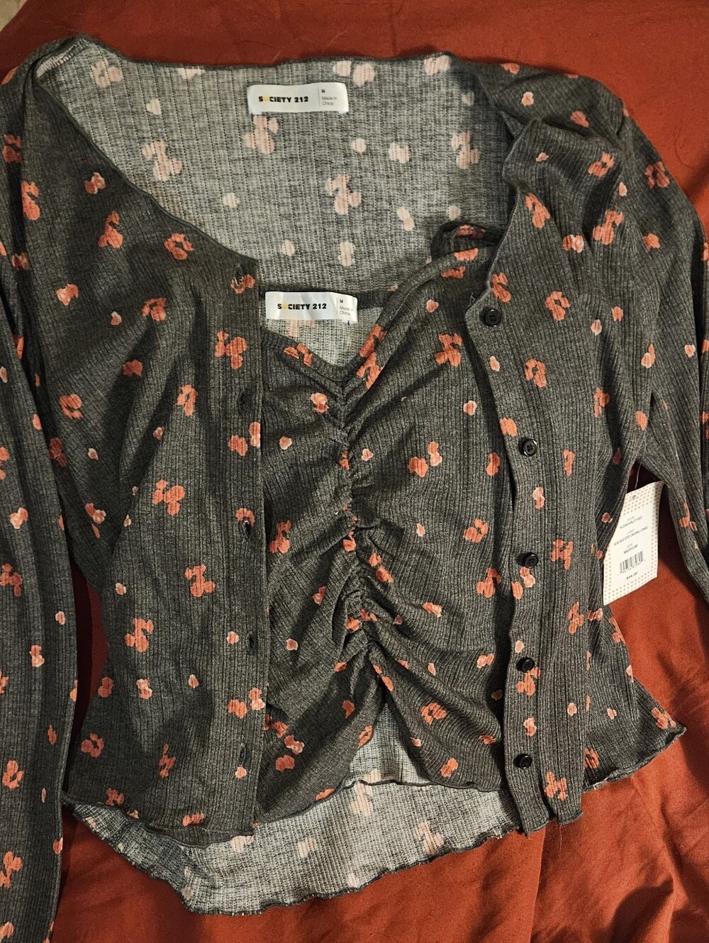 Society Gray Ribbed Cardigan/Tank Set with Coral Floral Print
